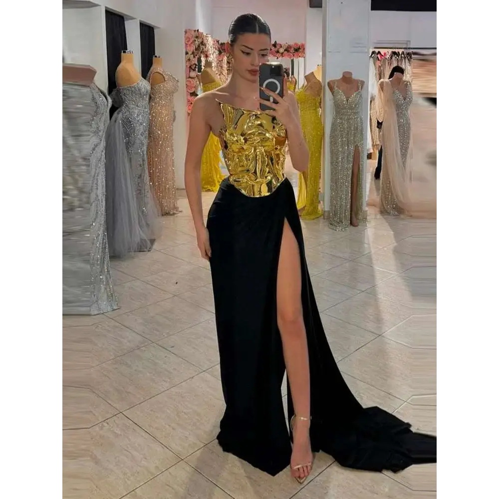 One-shoulder Slit Mop Black Dress Two-piece Set