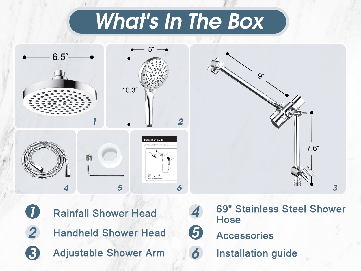 Dual Shower Head with Adjustable Extension Arm, 3-Way Diverter and Hose