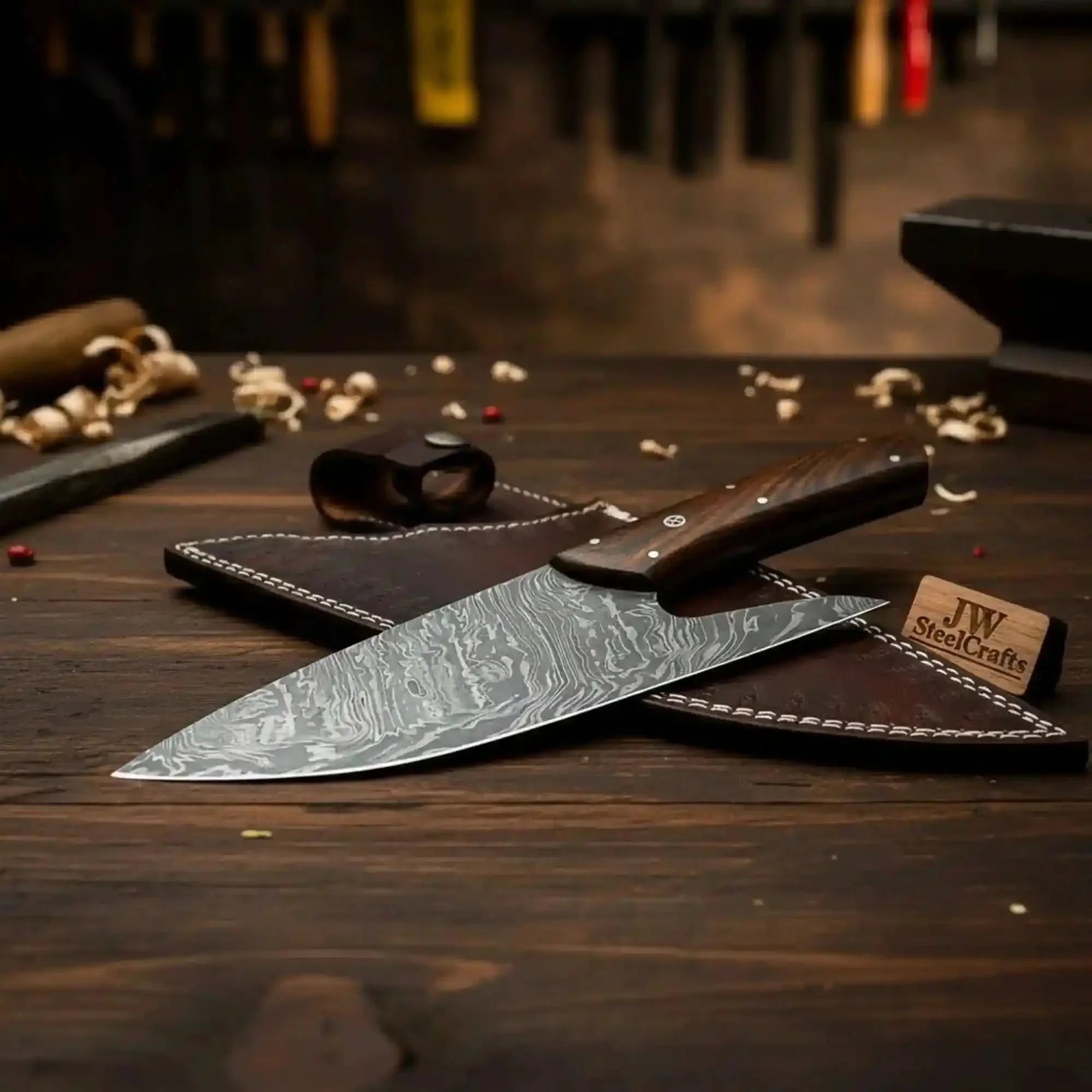 French-Style Damascus Chef Carving Knife – Fire Pattern Blade, 10" Overall, Rosewood Handle with Mosaic & Brass Pins