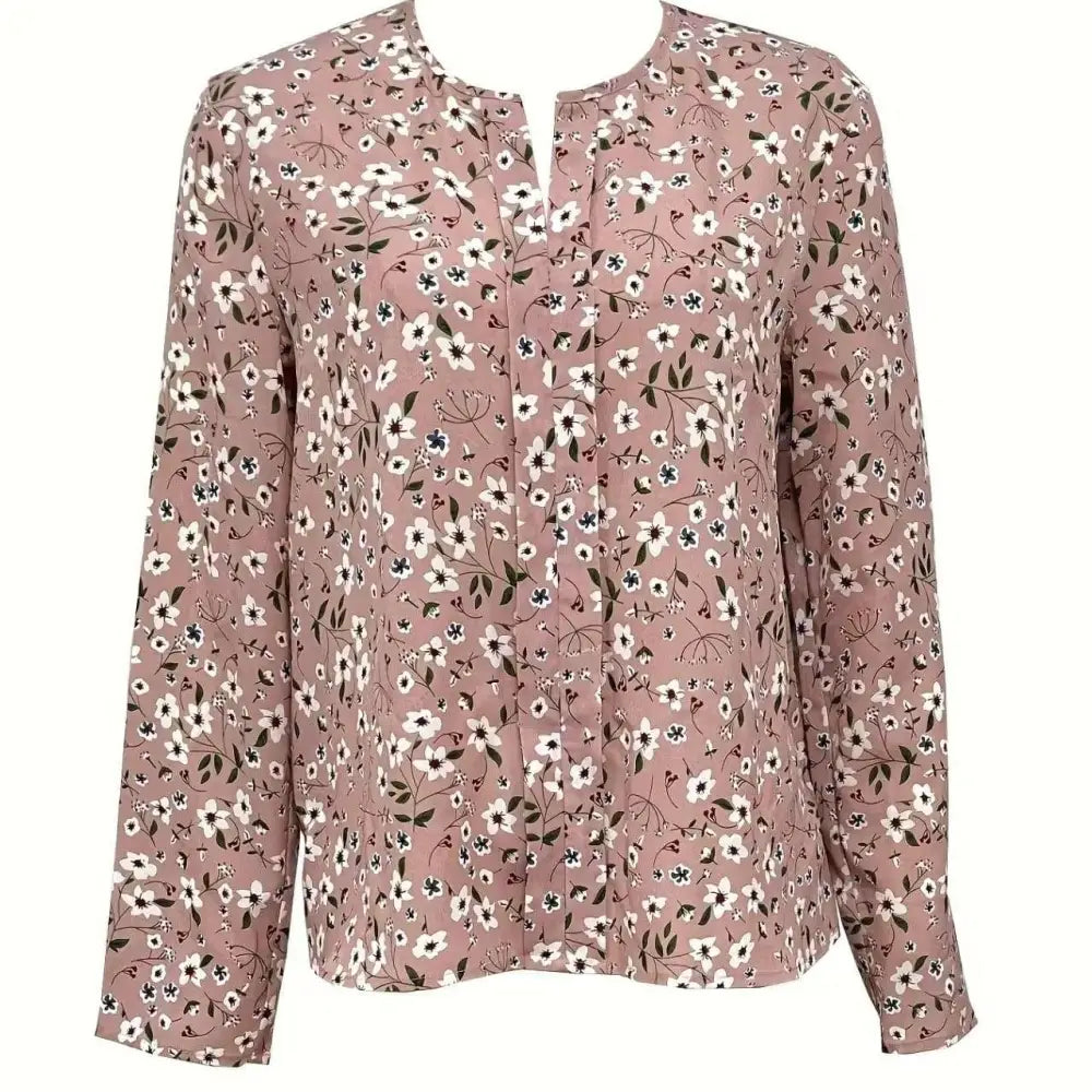 Pink Floral Casual Long Sleeved Print Folding Pleated Top