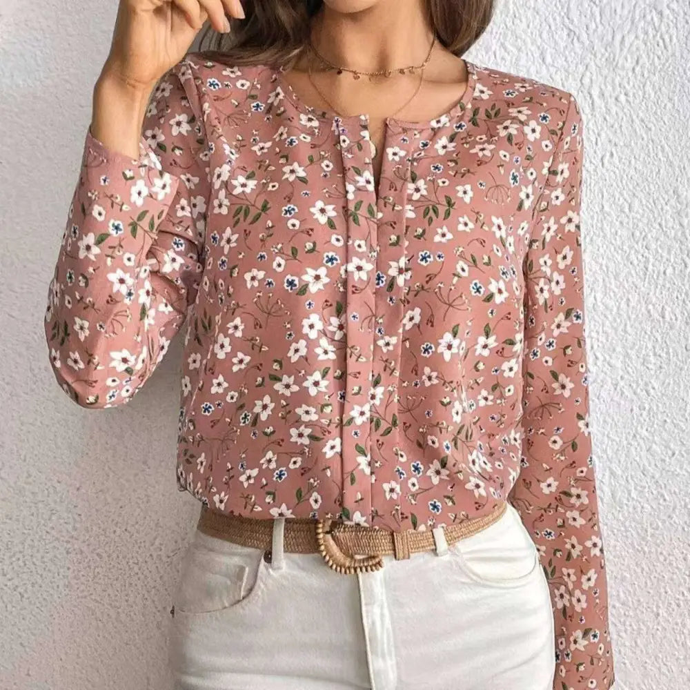 Pink Floral Casual Long Sleeved Print Folding Pleated Top