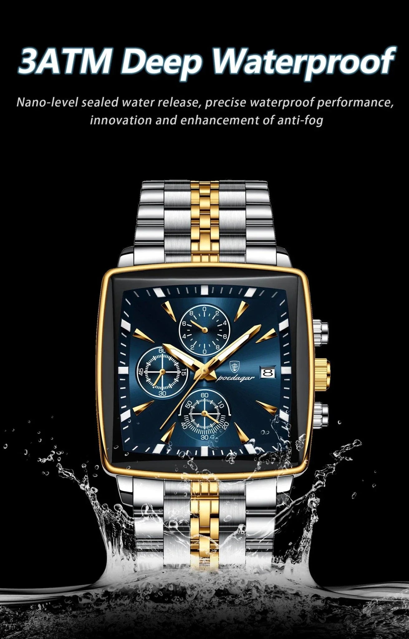 POEDAGAR Men's Square Chronograph Watch - Luminous Waterproof Stainless Steel Quartz Wristwatch