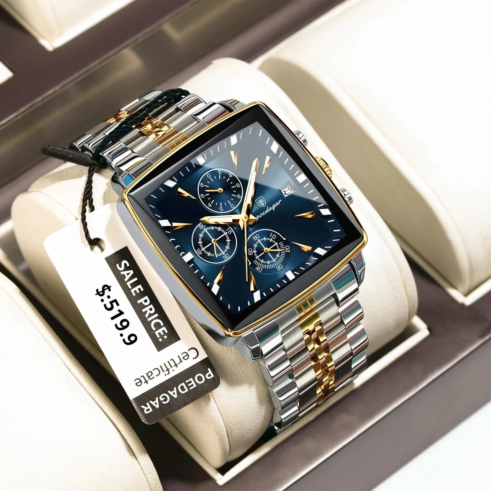 POEDAGAR Men's Square Chronograph Watch - Luminous Waterproof Stainless Steel Quartz Wristwatch - Overture Gifts