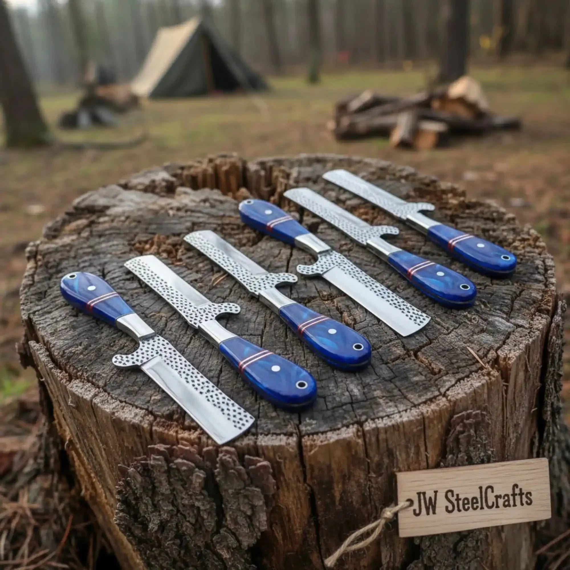 Handmade 6-Piece Ranch Bull Cutter Knife Set with Blue Resin Handles