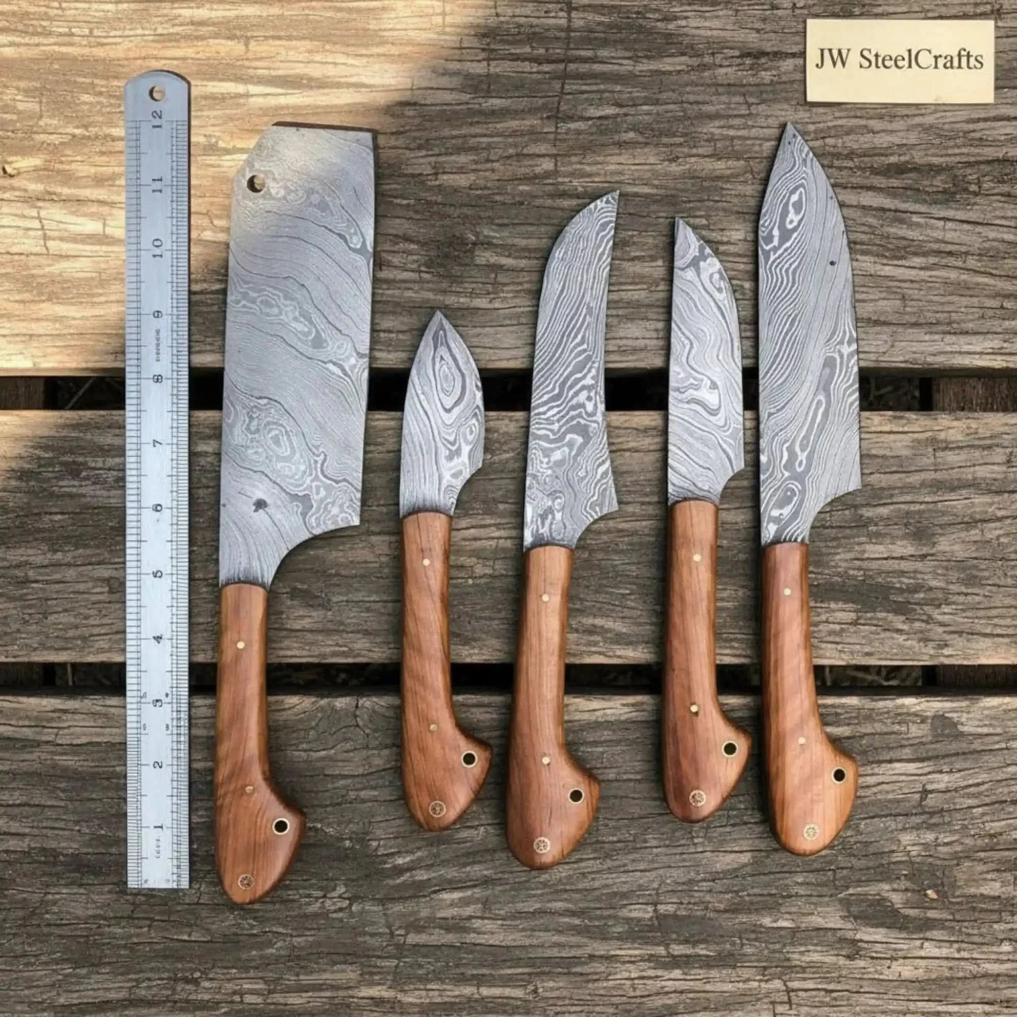 5-Piece Damascus Kitchen Knife Set Cleaver, Chef, Utility, Boning & Paring with Olive Wood Handles & Brass Pins