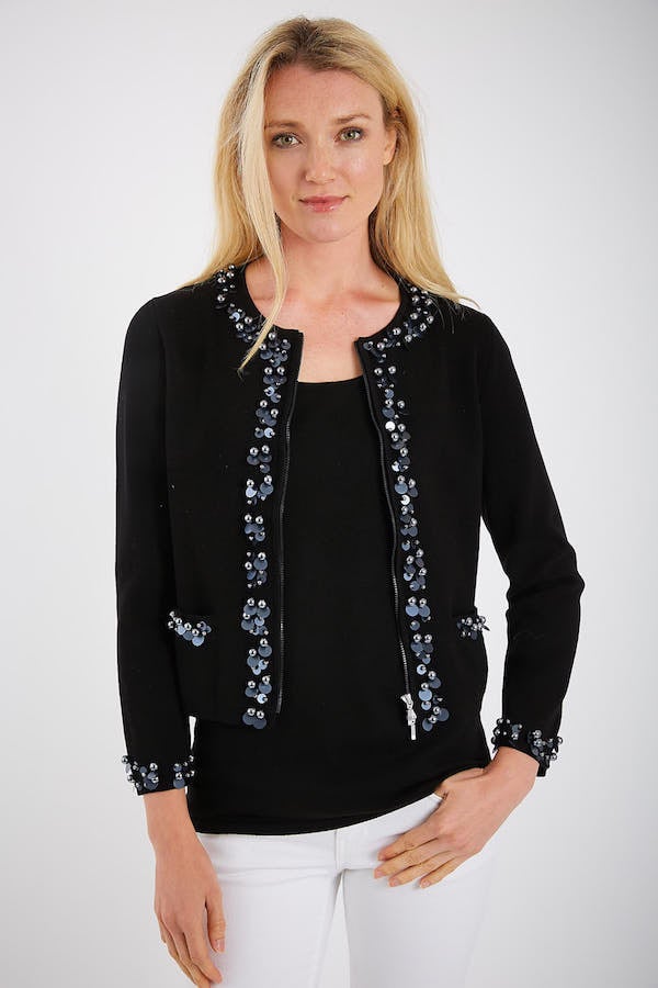 Pima Cotton Half Milano Cardigan w/Beaded Trim Bracelet Length Sleeves #183351
