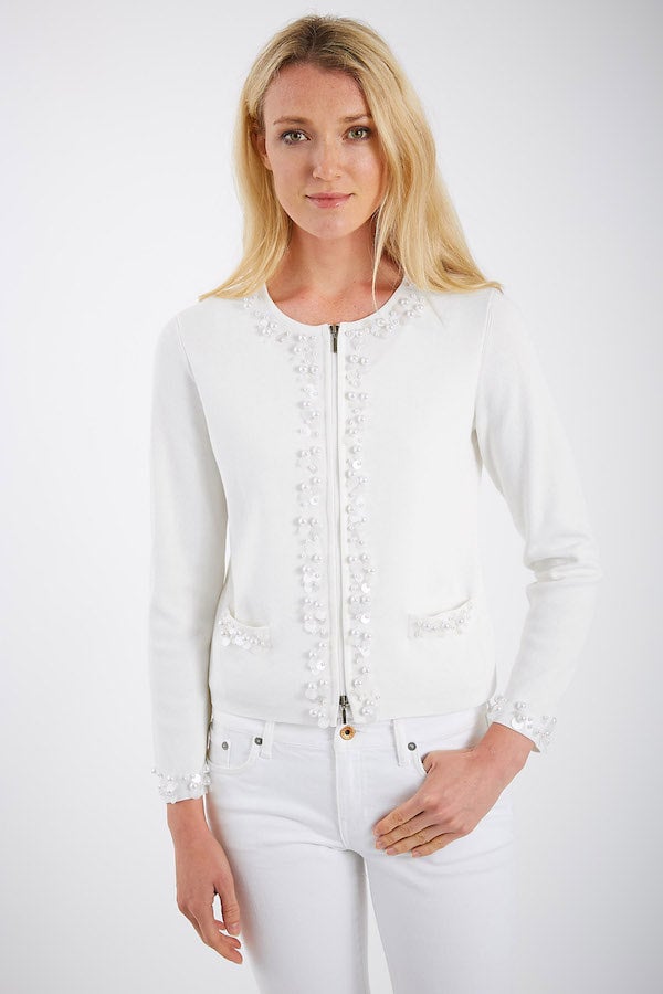 Pima Cotton Half Milano Cardigan w/Beaded Trim Bracelet Length Sleeves #183351
