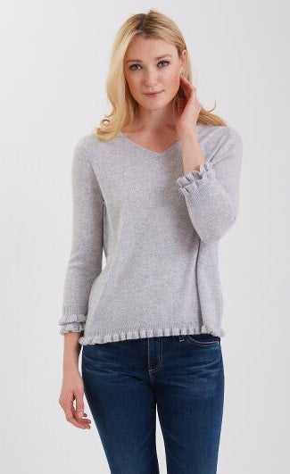 Classic Cashmere V-neck W/ruffle Trims 3/4 Sleeve #191130