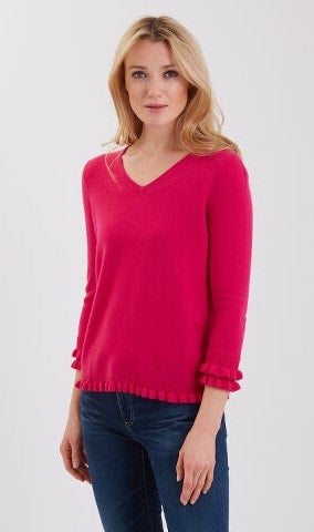 Classic Cashmere V-neck W/ruffle Trims 3/4 Sleeve #191130
