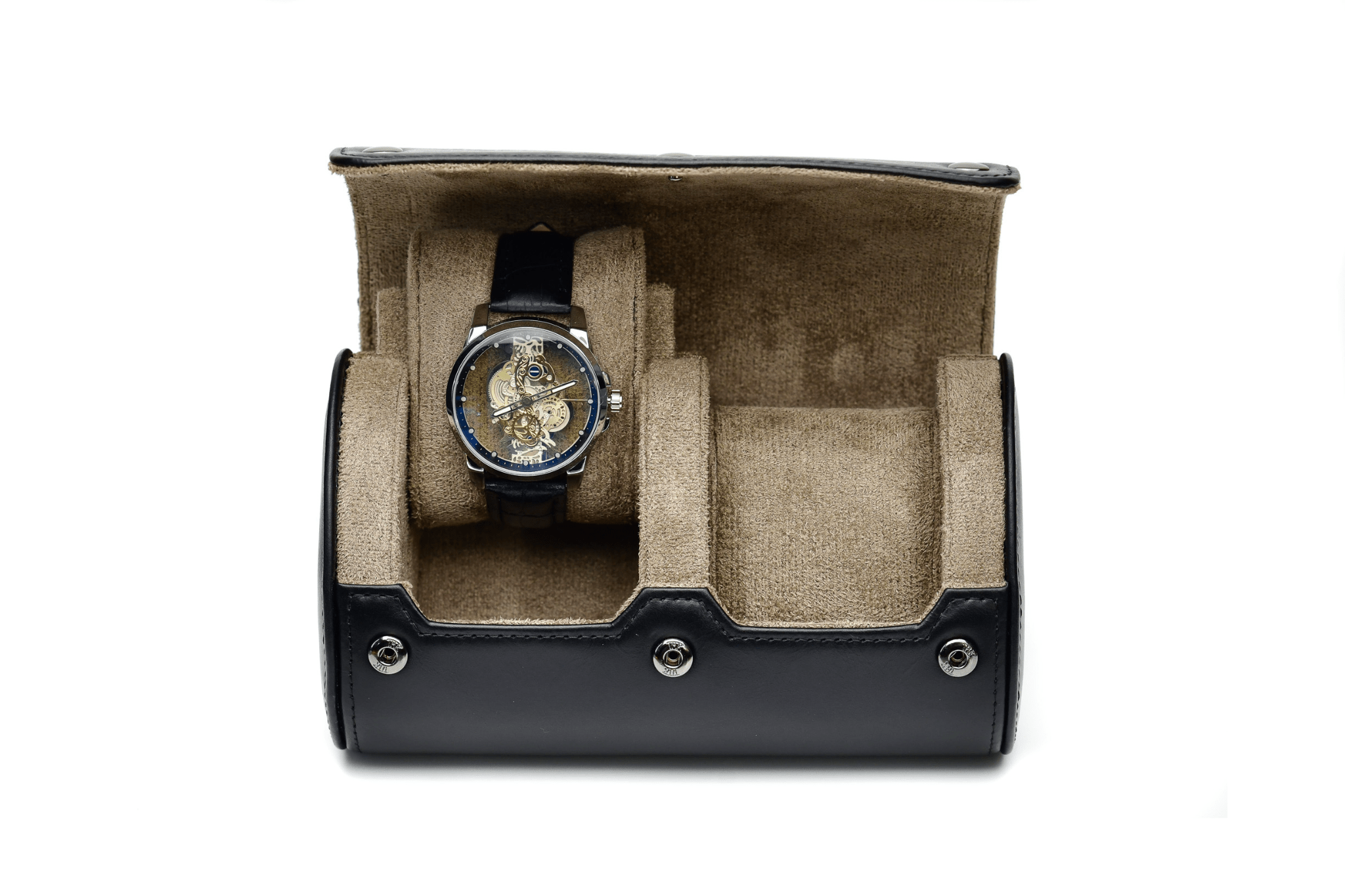 Sable Black Full Grain Cow Leather Watch Roll - 2 Watches - Overture Gifts