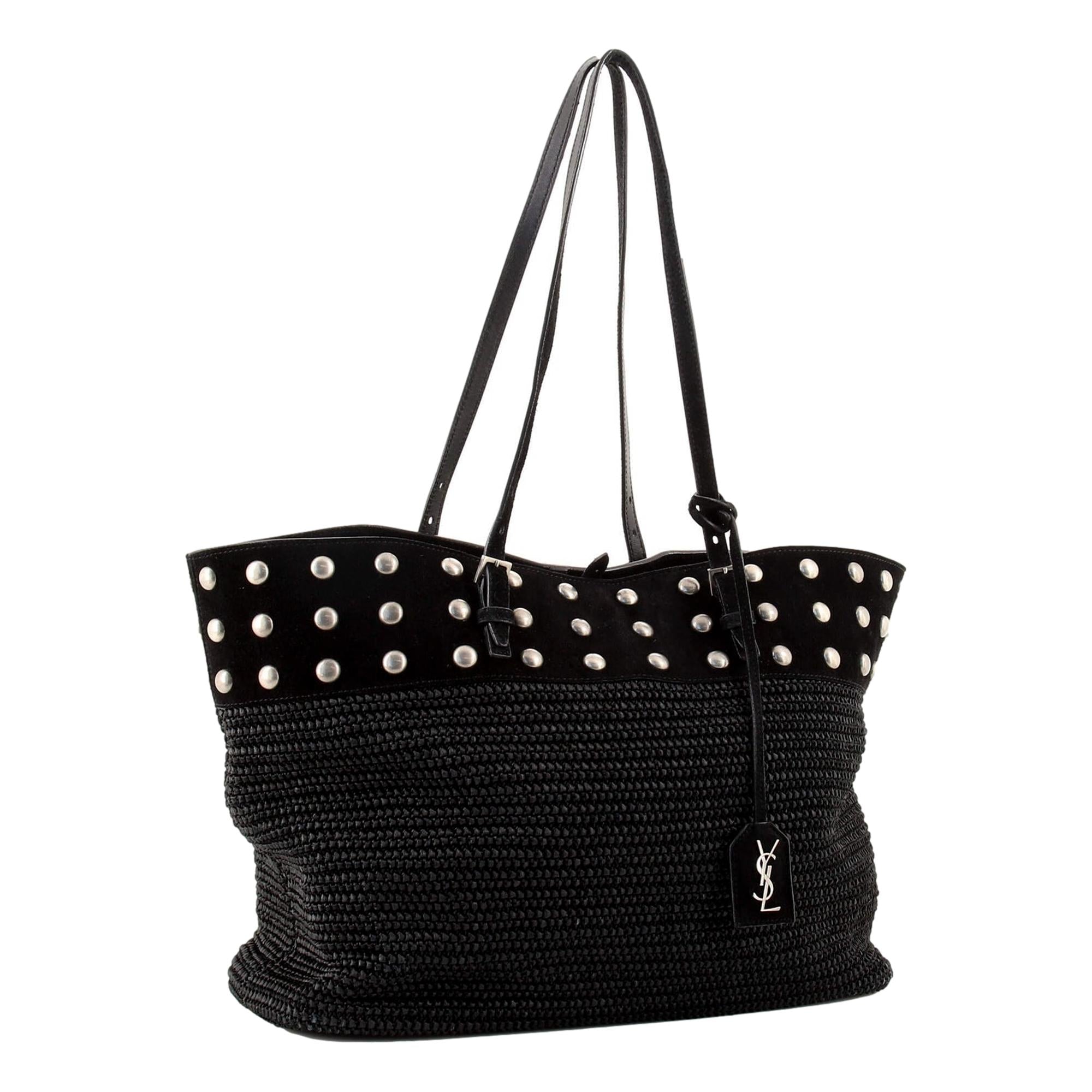 Saint Laurent Boucle Studded Raffia & Suede Shopping Tote Black