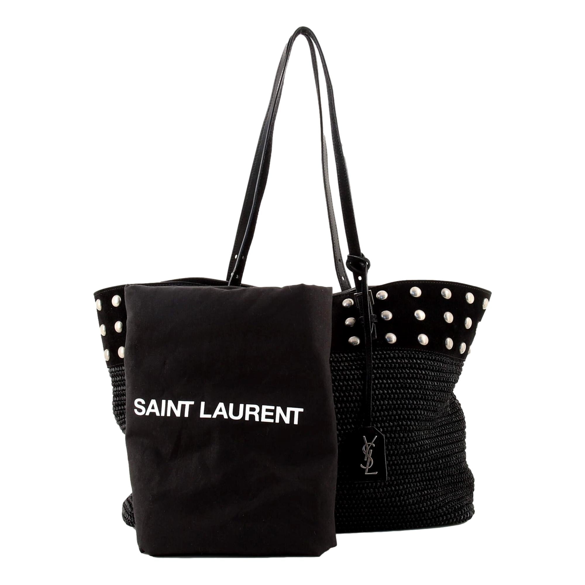 Saint Laurent Boucle Studded Raffia & Suede Shopping Tote Black