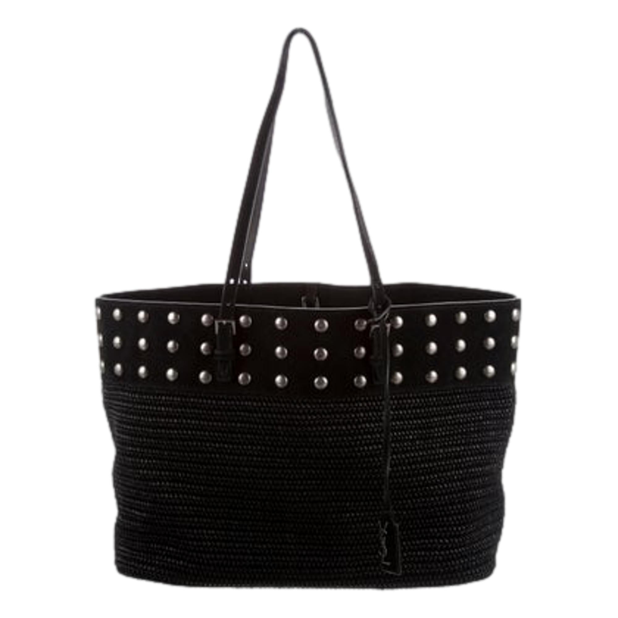 Saint Laurent Boucle Studded Raffia & Suede Shopping Tote Black