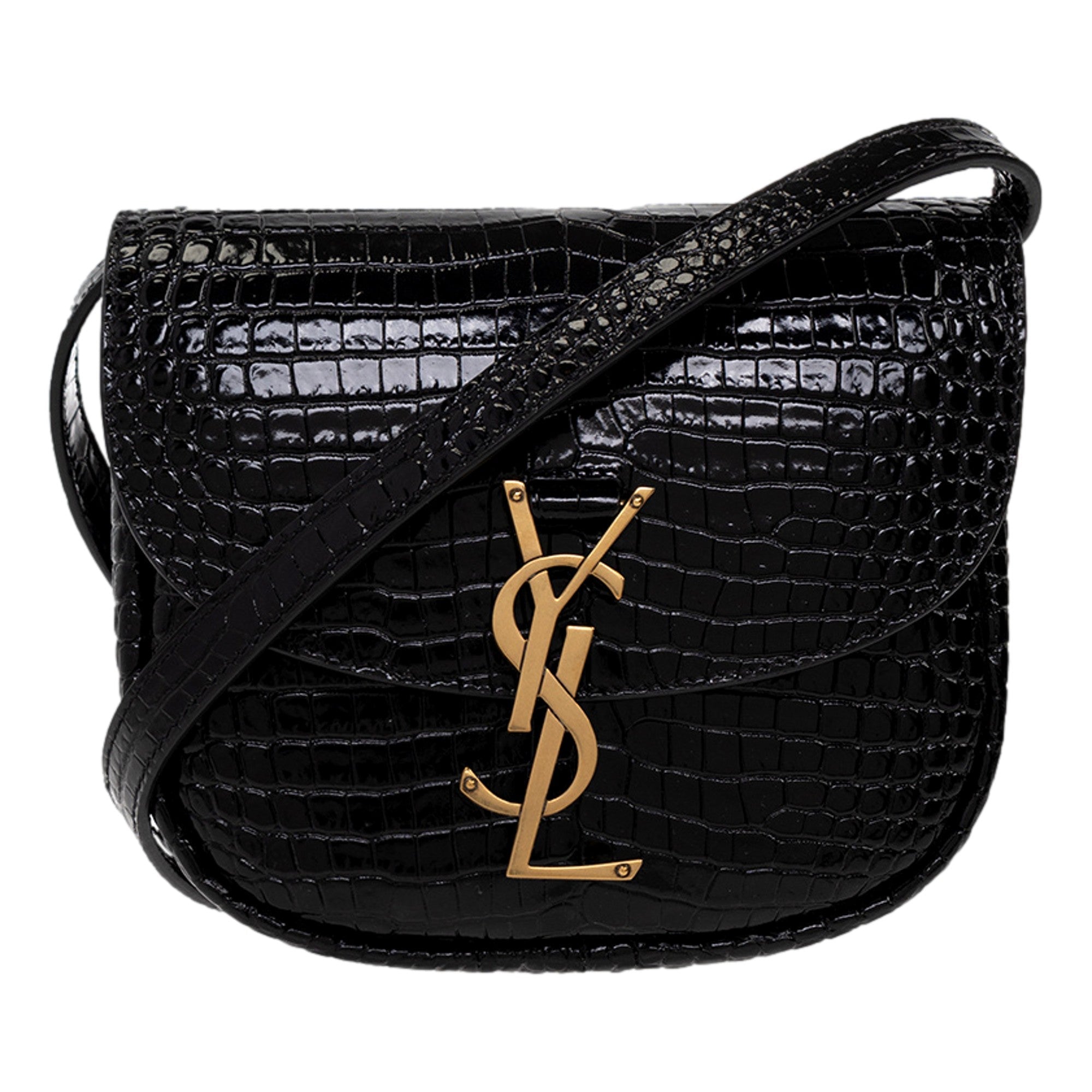 Saint Laurent Small Kaia Croc Embossed Leather Crossbody Bag Black