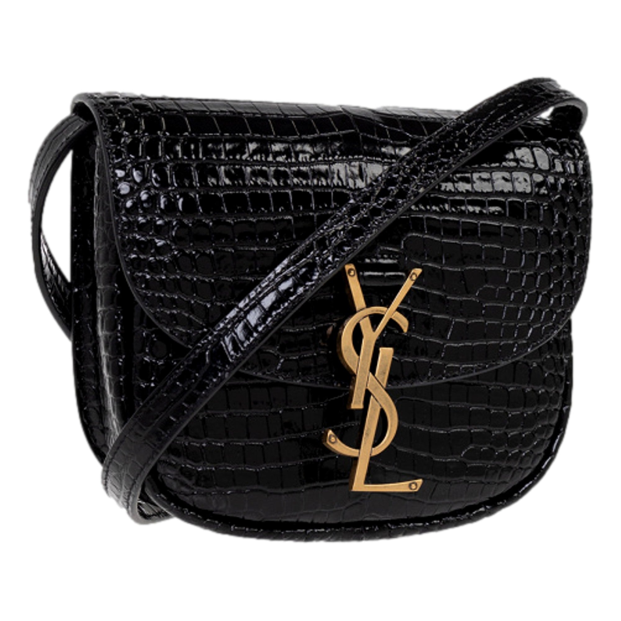 Saint Laurent Small Kaia Croc Embossed Leather Crossbody Bag Black