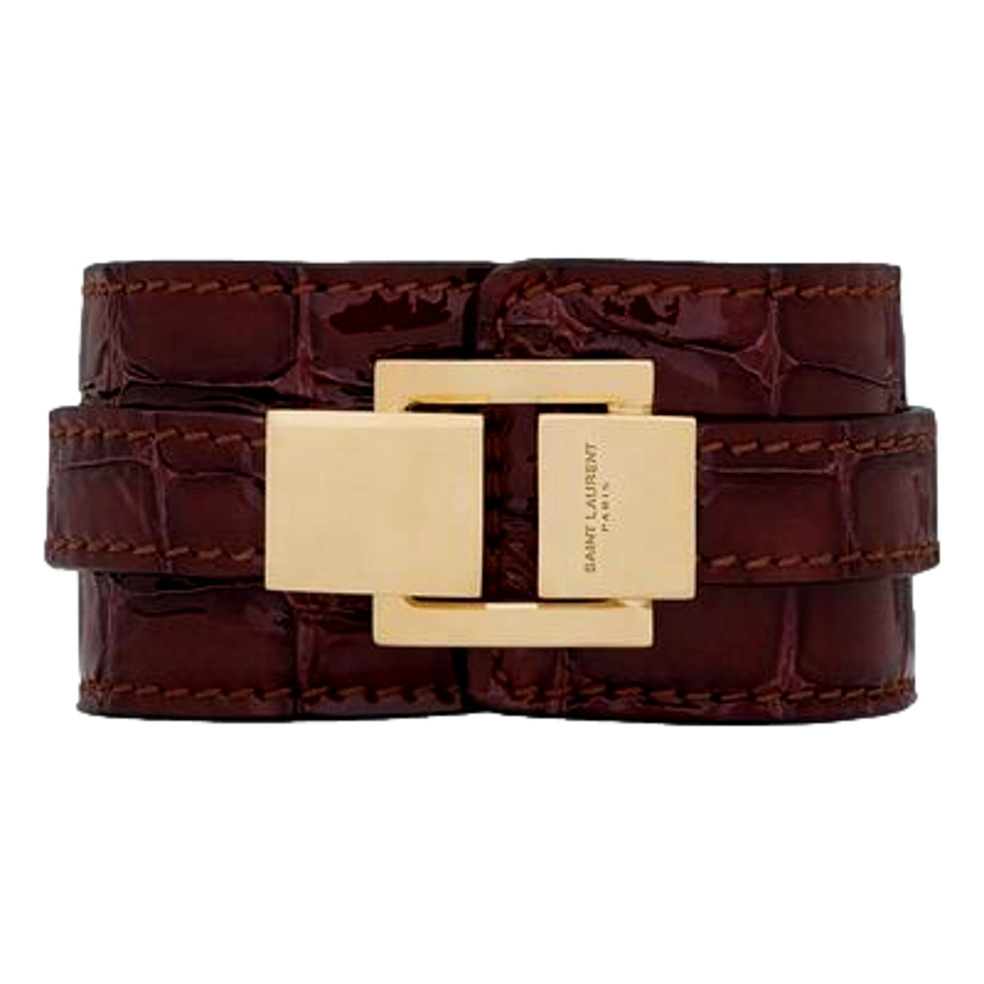 Saint Laurent Le Carre Red Croc-Embossed Leather Double Wrap Bracelet Gold YSL Medium