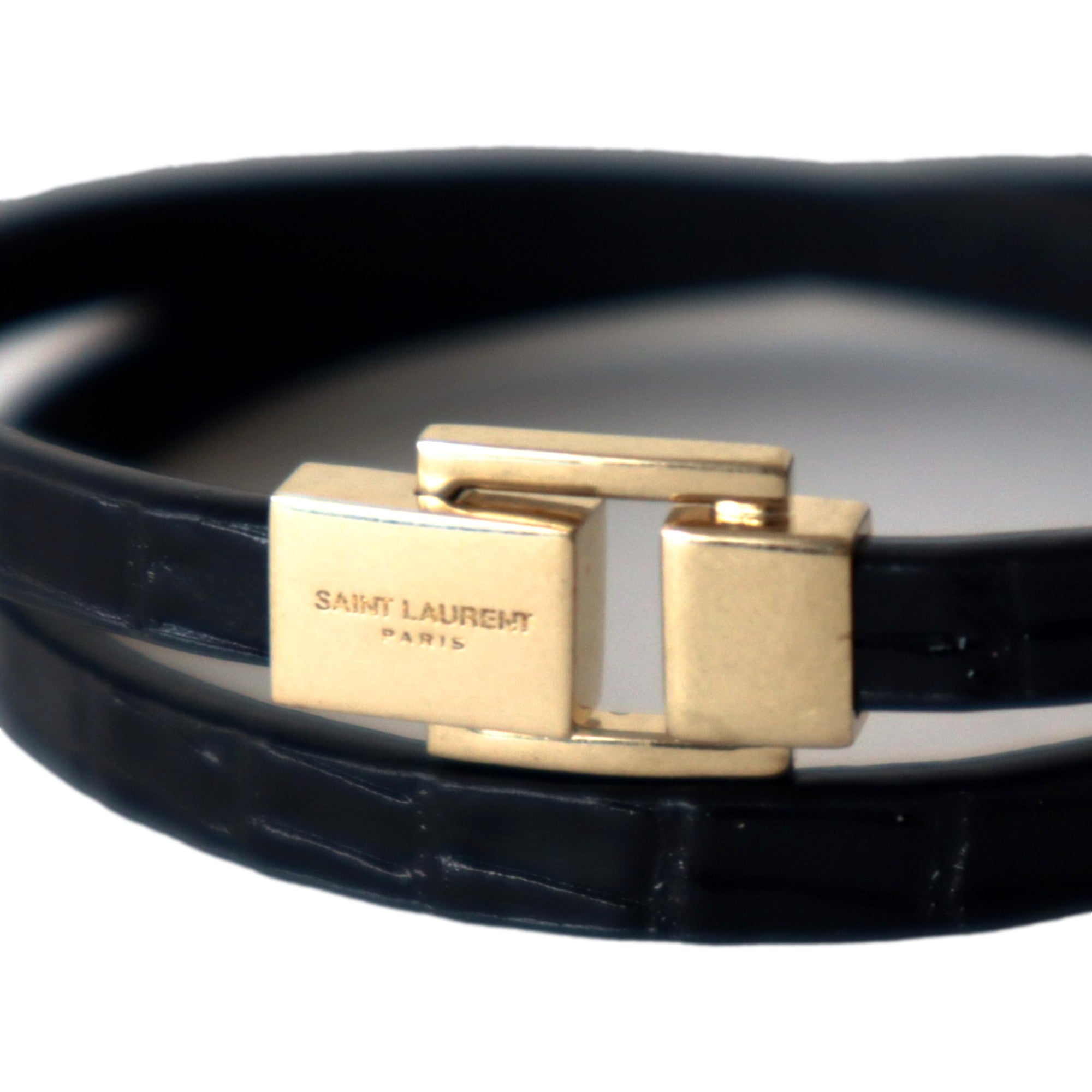 Saint Laurent Black Leather Thin Wrap Bracelet with Gold-Tone Engraved Clasp