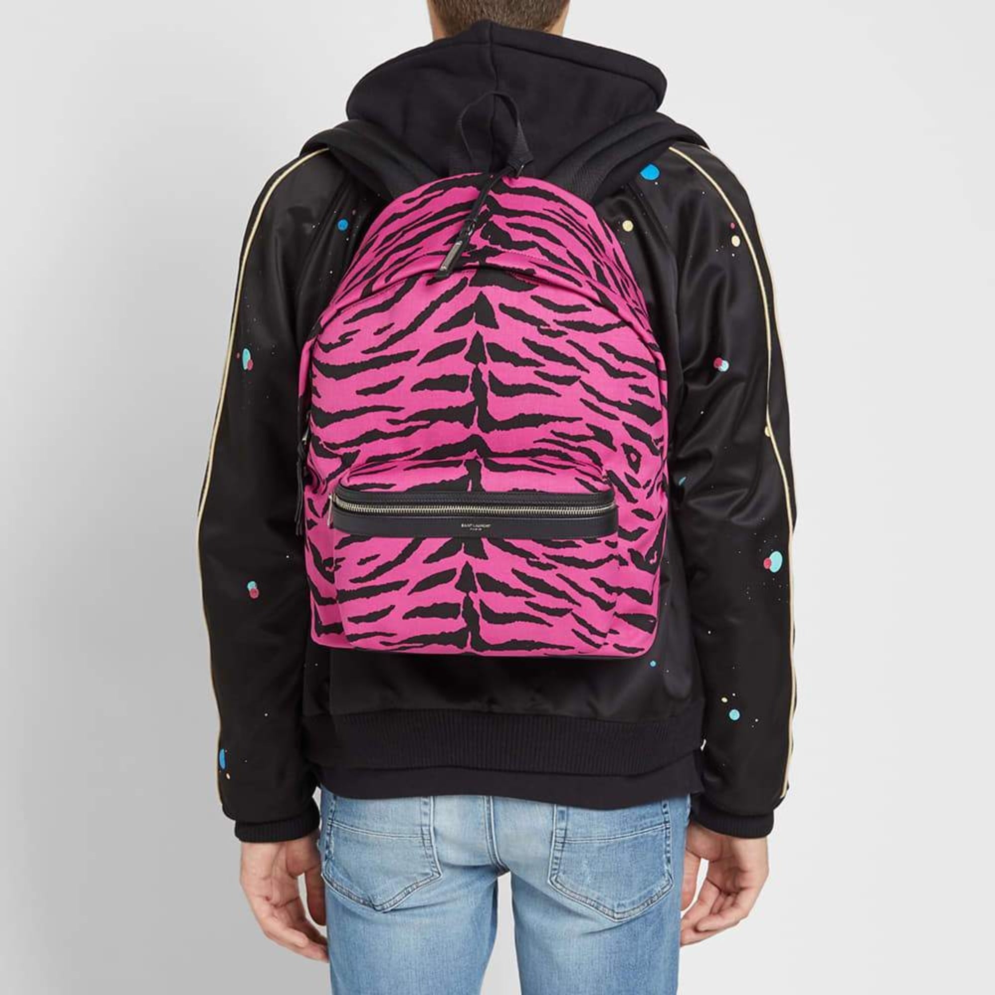 Saint Laurent City Backpack Pink Zebra Print Cotton Leather Trim