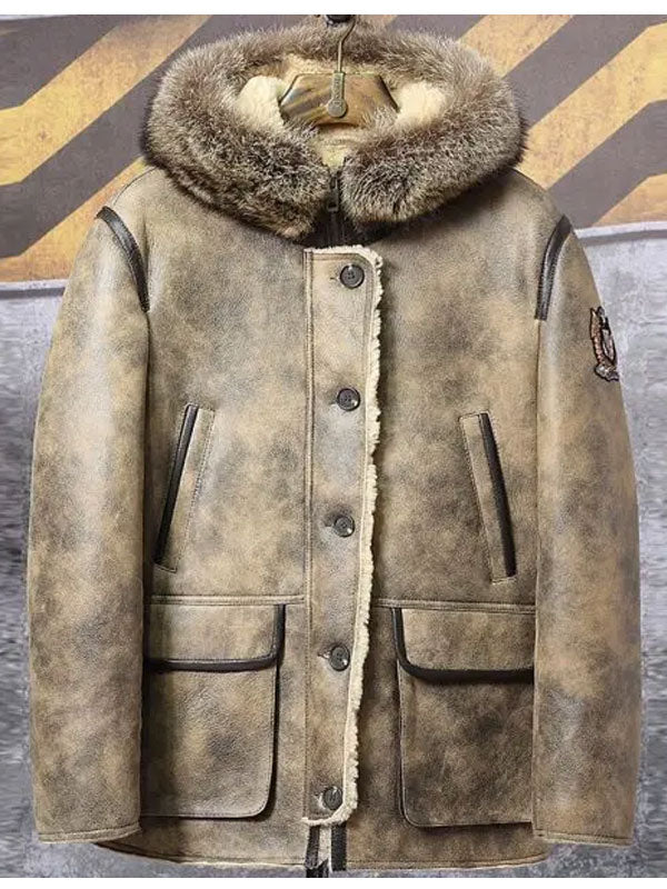 Men’s Hooded Shearling Collar Leather Bomber Jacket