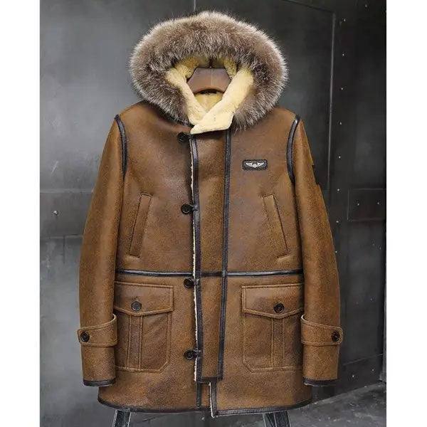 Men’s Bomber Hooded Mink Fur Shearling Leather Long Jacket Coat