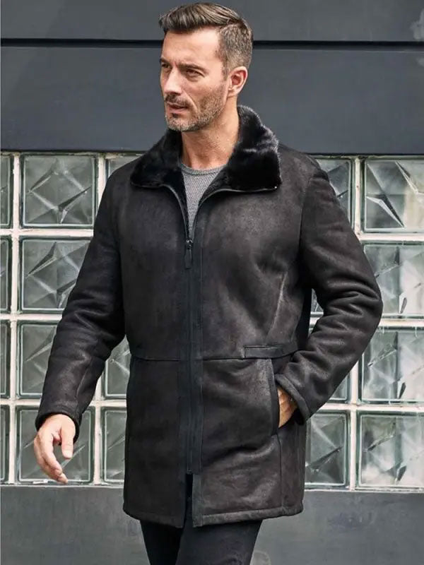 Men’s Black Shearling Fur Outwear Mink Overcoat Lapel Leather Jacket Coat