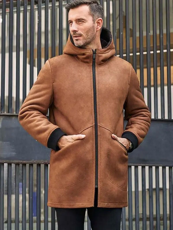 Brown Sheepskin Shearling Fur Hooded Winter Overcoat Leather Jacket