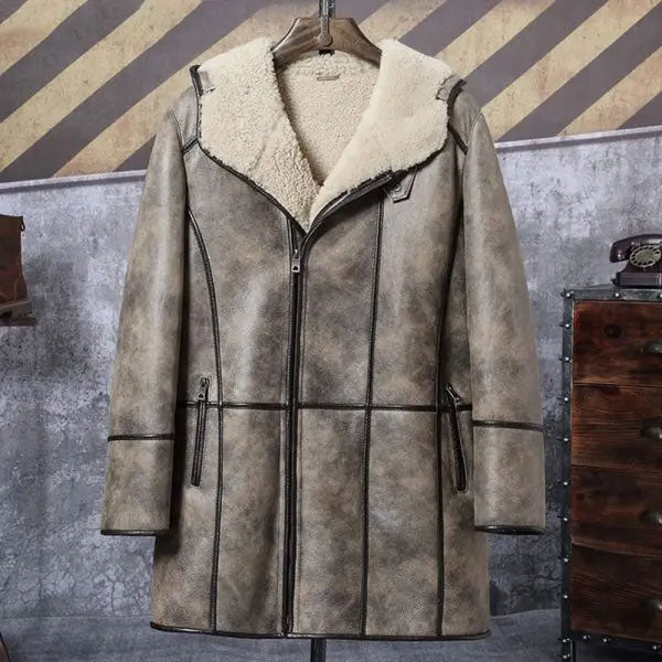 Men’s Bomber Shearling Fur Hooded Winter Long Leather Jacket Trench Coat