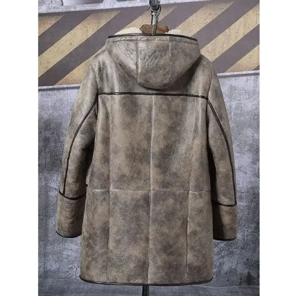 Men’s Bomber Shearling Fur Hooded Winter Long Leather Jacket Trench Coat