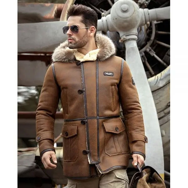 Men’s Bomber Hooded Mink Fur Shearling Leather Long Jacket Coat