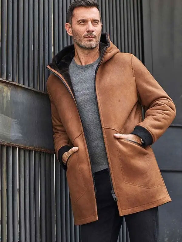 Brown Sheepskin Shearling Fur Hooded Winter Overcoat Leather Jacket