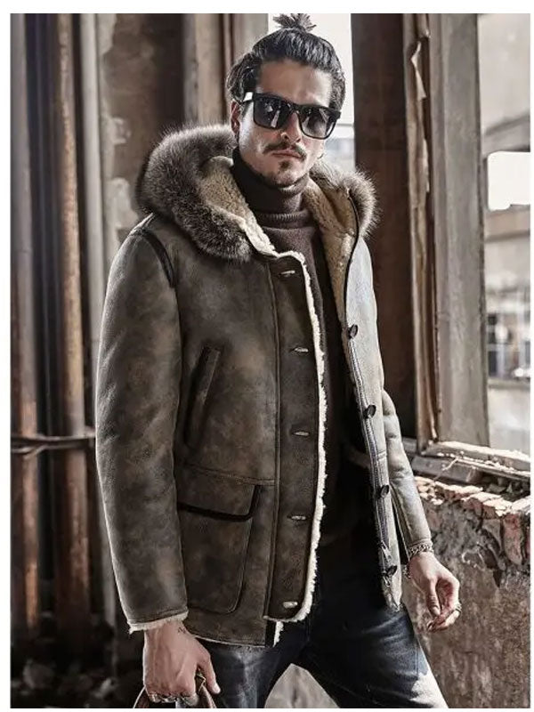Men’s Hooded Shearling Collar Leather Bomber Jacket