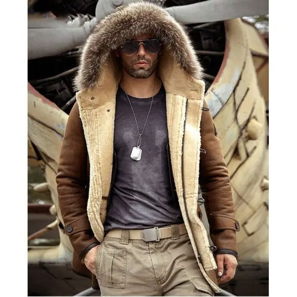 Men’s Bomber Hooded Mink Fur Shearling Leather Long Jacket Coat