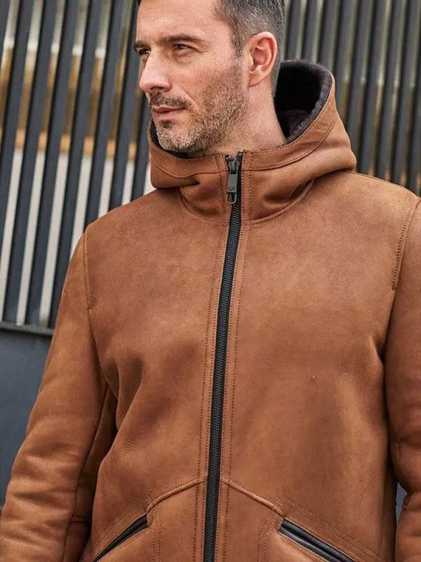 Brown Sheepskin Shearling Fur Hooded Winter Overcoat Leather Jacket