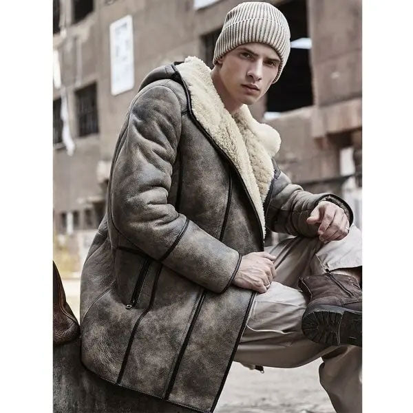Men’s Bomber Shearling Fur Hooded Winter Long Leather Jacket Trench Coat
