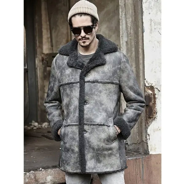 Men’s Hunting Leather Shearling Bomber Trench Coat