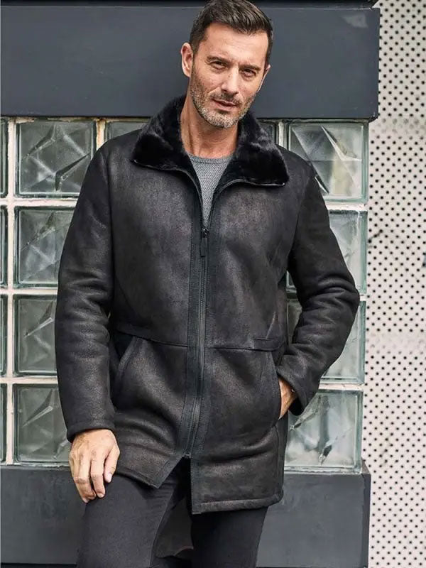 Men’s Black Shearling Fur Outwear Mink Overcoat Lapel Leather Jacket Coat