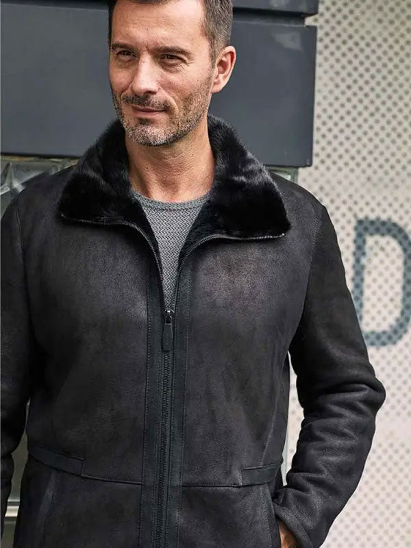 Men’s Black Shearling Fur Outwear Mink Overcoat Lapel Leather Jacket Coat