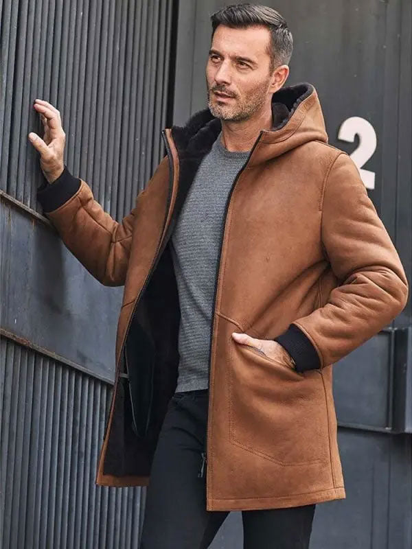 Brown Sheepskin Shearling Fur Hooded Winter Overcoat Leather Jacket