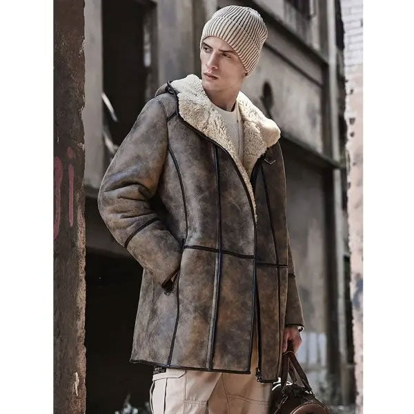 Men’s Bomber Shearling Fur Hooded Winter Long Leather Jacket Trench Coat