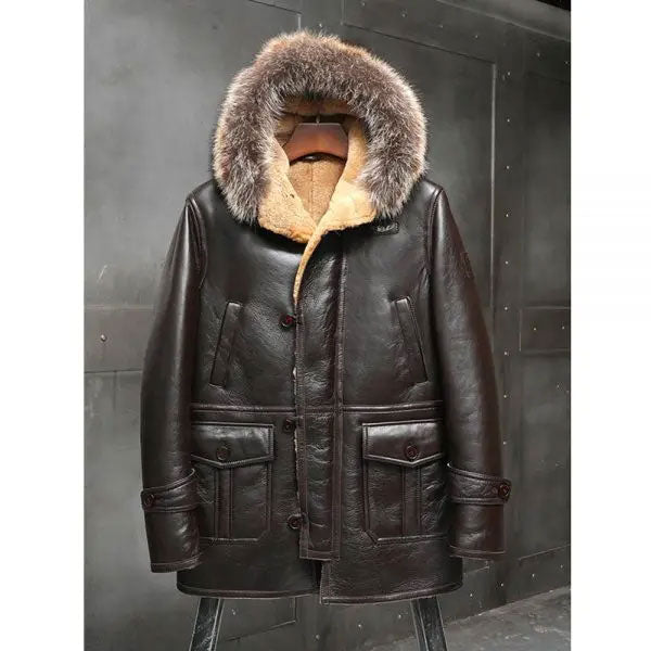 Men’s Bomber Hooded Mink Fur Shearling Leather Long Jacket Coat