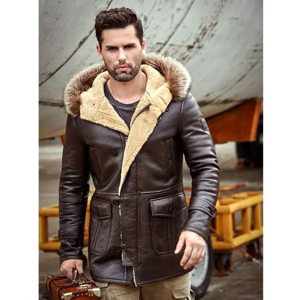 Men’s Bomber Hooded Mink Fur Shearling Leather Long Jacket Coat