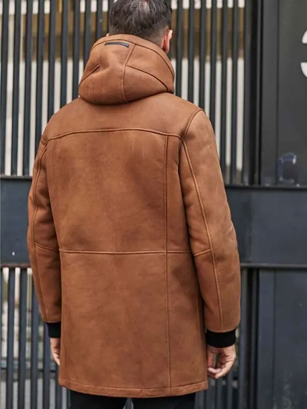 Brown Sheepskin Shearling Fur Hooded Winter Overcoat Leather Jacket