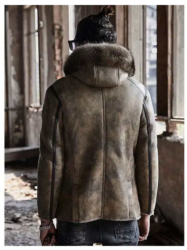 Men’s Hooded Shearling Collar Leather Bomber Jacket