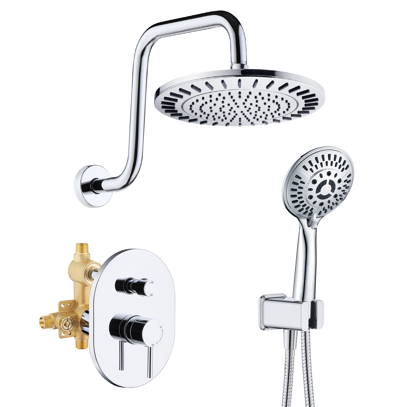 Rain Shower Faucet Set with Handheld Shower Head, 13" High Rise Arm & Valve