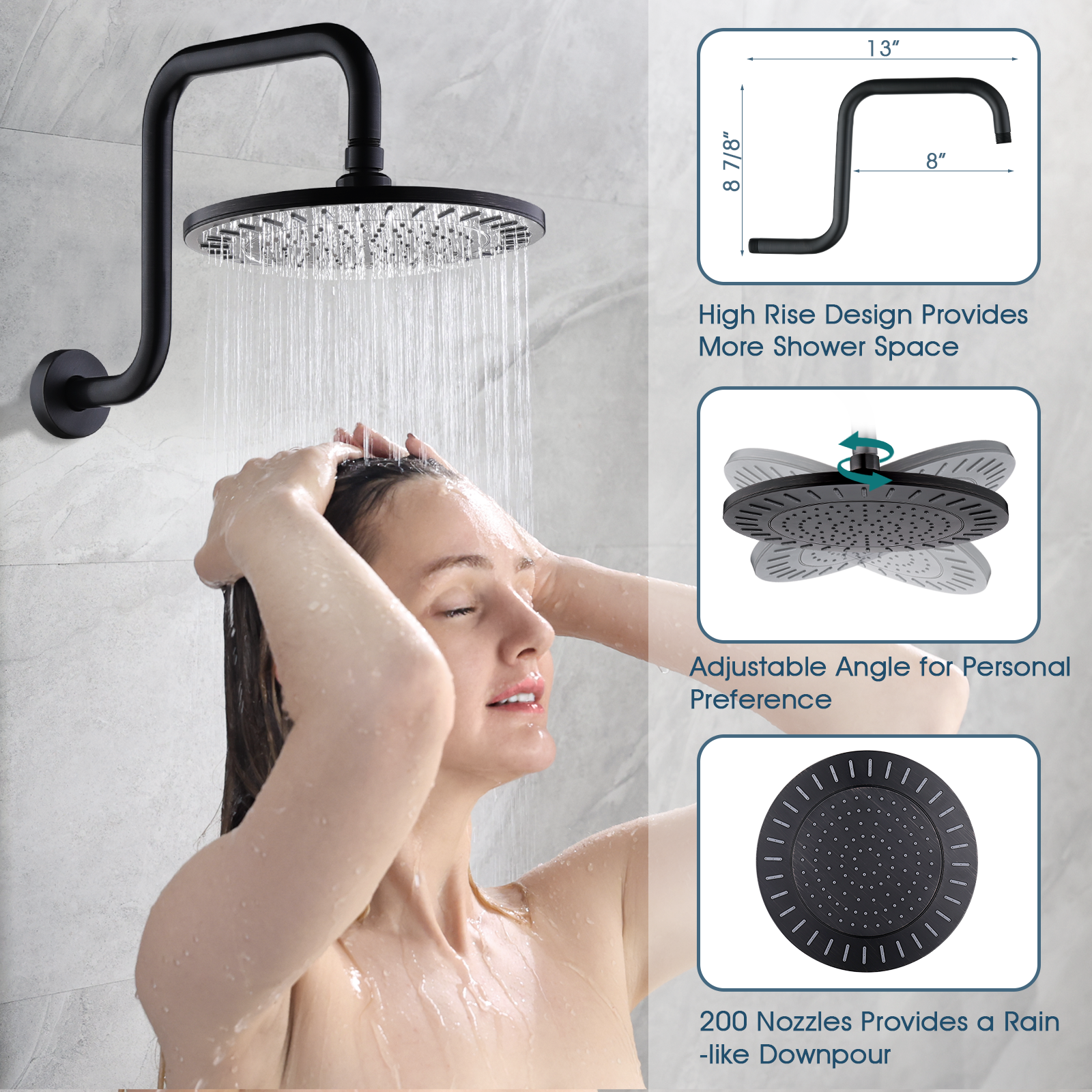 Rain Shower Faucet Set with Handheld Shower Head, 13" High Rise Arm & Valve