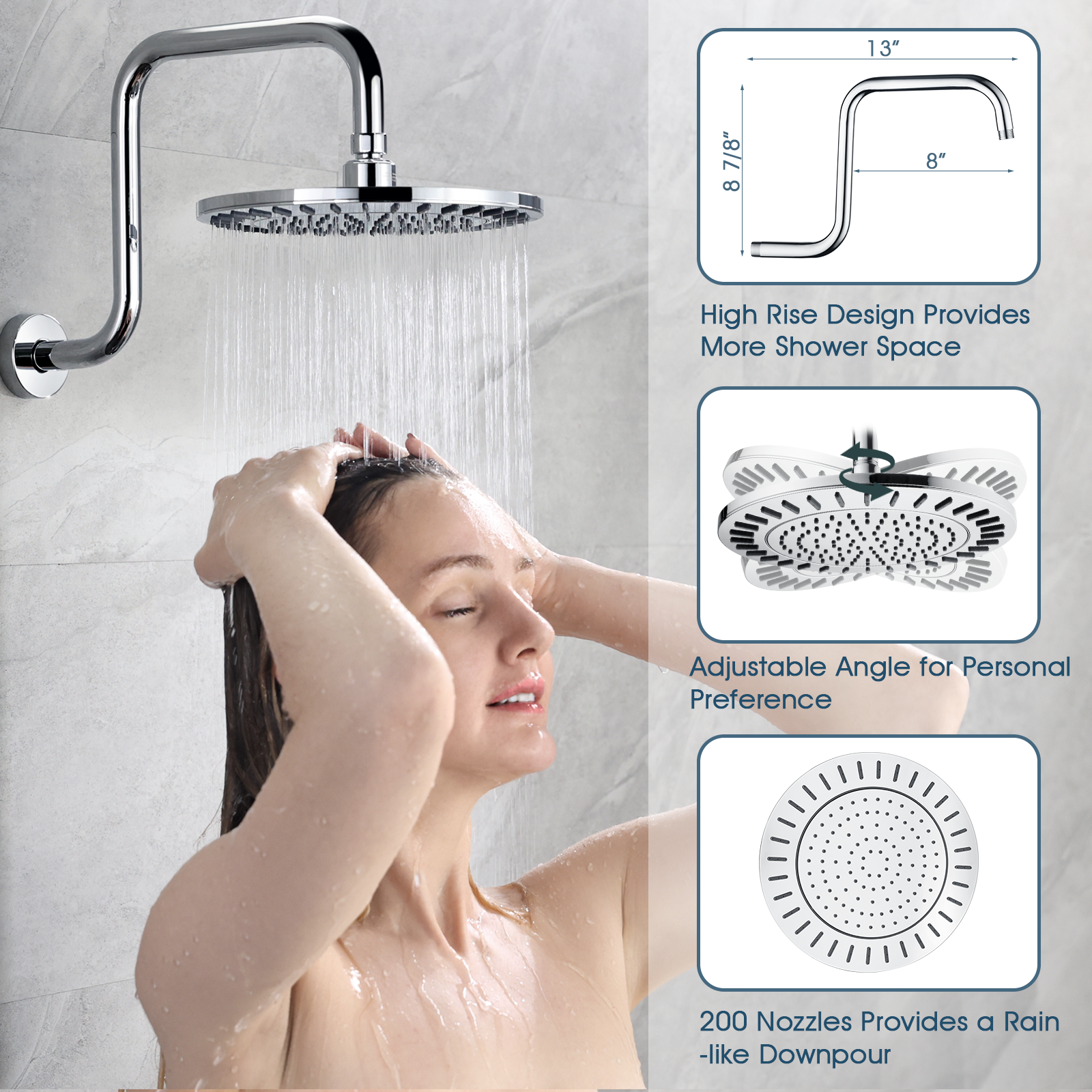 Rain Shower Faucet Set with Handheld Shower Head, 13" High Rise Arm & Valve