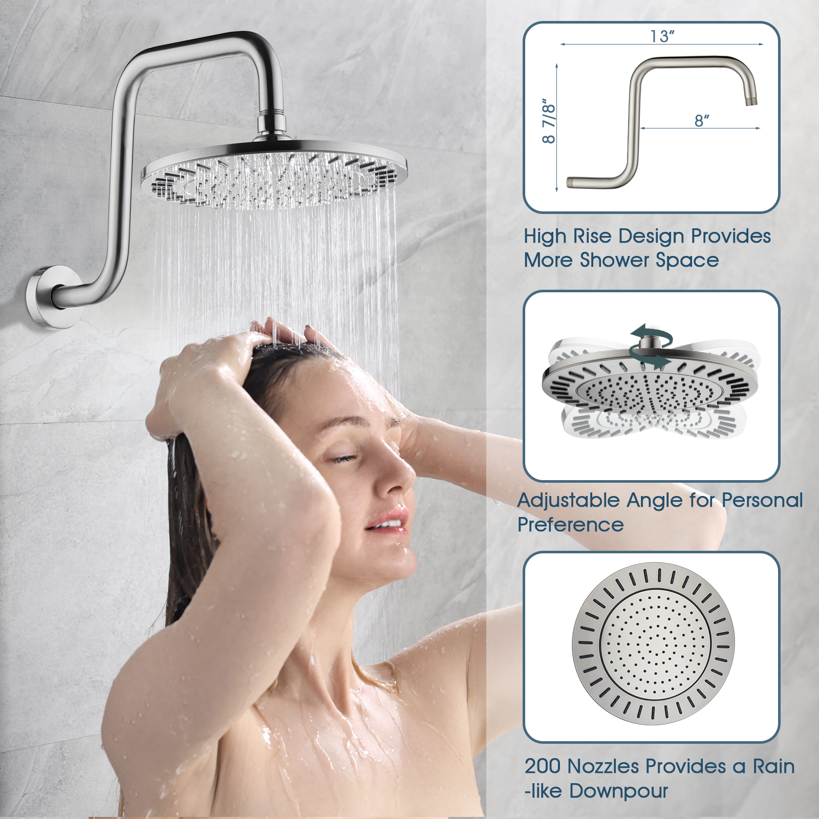 Rain Shower Faucet Set with Handheld Shower Head, 13" High Rise Arm & Valve