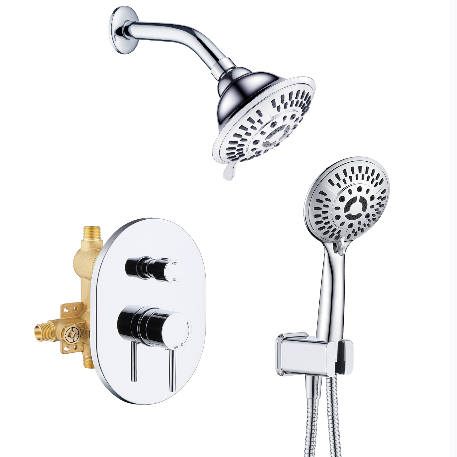 Rain Shower Faucet Set with Handheld Shower Head, 13" High Rise Arm & Valve