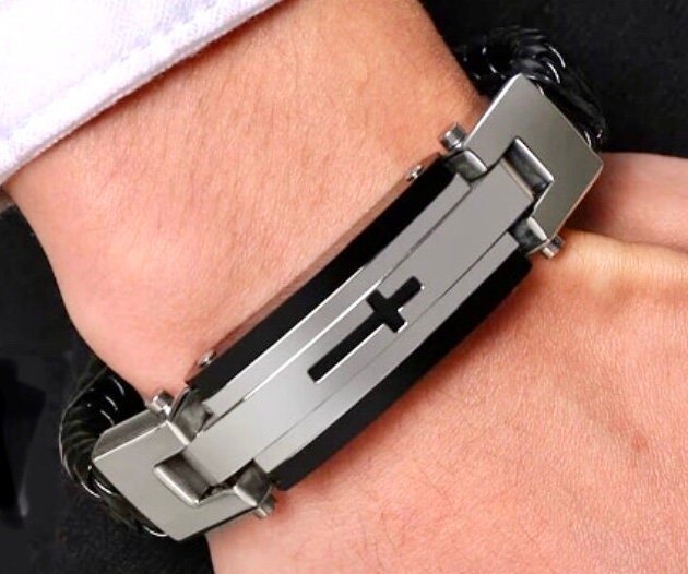 Silver Cross Bracelet Black Leather Raised Crucifix for Men Bangle Stainless Steel Engraved Boys Cuff Heavy Design Christian Jewelry - Overture Gifts
