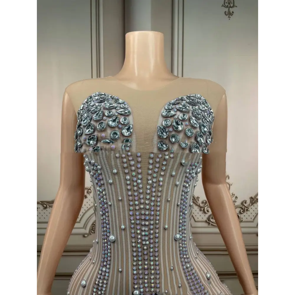 Silver Feathered Hips Nightclub Bar Sleeveless Long Gown